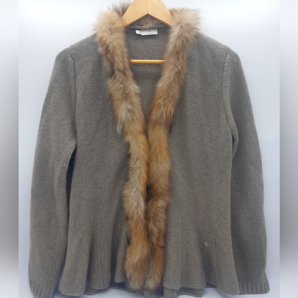 Dismero - Size Large - Fur trimmed Peplum Style Cardigan Wool Knit Blend…